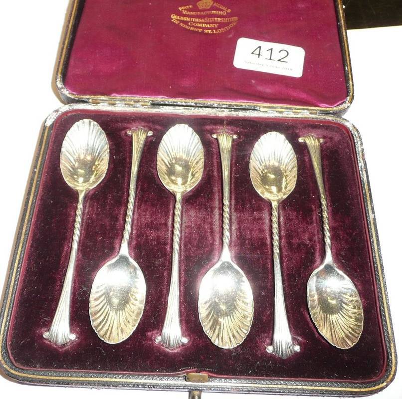 Lot 412 - Cased set of six silver teaspoons, Goldsmiths & Silversmiths Co