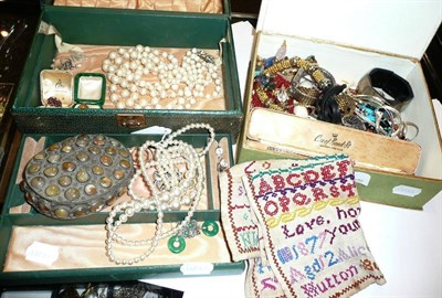 Lot 420 - A Trifari bracelet, assorted costume jewellery and watches etc in two boxes