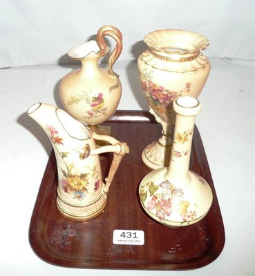 Lot 431 - Worcester blush ivory pedestal jug with serpent handle, a ewer, a vase and one other (4)