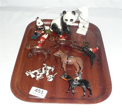 Lot 451 - Four painted lead hunting figures, standing figure and hounds, figure of the Queen mounted...