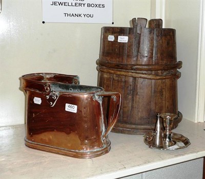 Lot 460 - A copper water can, a staved pine vessel and an Old Sheffield Plate chamberstick and snuffer