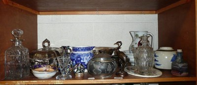 Lot 462 - Plated tureen and cover, breakfast dish, blue and white jug, assorted glass, pottery and other...