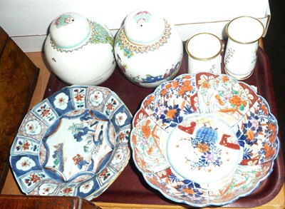 Lot 483 - Tray including two Imari bowls, Imari bowl, two ginger jars and covers etc