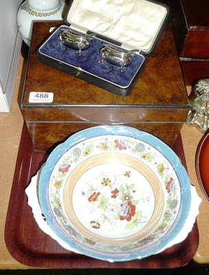 Lot 488 - A walnut sewing box, silver salts cased, creamware bowl Japanese bowl and a lustre bowl