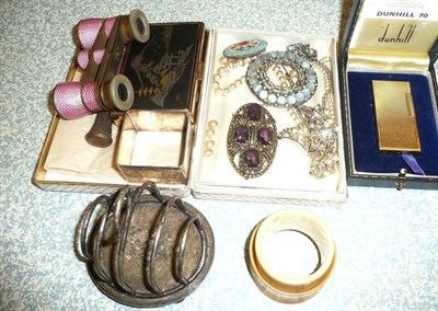 Lot 496 - Dunhill lighter, napkin ring, toast rack, pink enamel opera glass, costume jewellery and a japanned