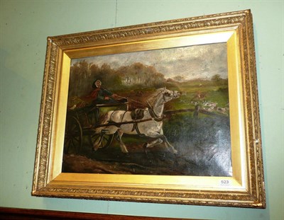 Lot 523 - Oil on canvas, runaway carriage with fox hunt beyond