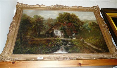 Lot 530 - Oil by E Priestley, figures outside a cottage