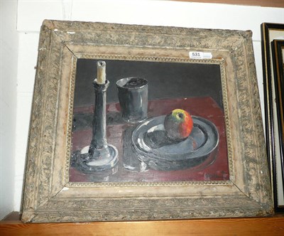 Lot 531 - Framed oil on canvas; still life of pewterware and apple, dated 1937