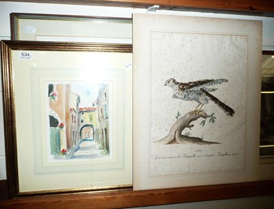 Lot 534 - Watercolour of a sparrow hawk, watercolour of a Mediterranean street scene,  two watercolours...