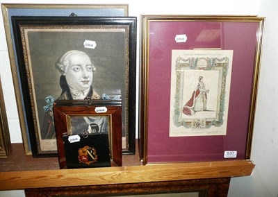 Lot 537 - Three 18th century prints of George III and Queen Charlotte, two miniatures and a 19th century...