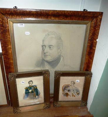 Lot 538 - Maple framed engraved portrait of William IV after Thos Lawrence and a pair of coloured prints...