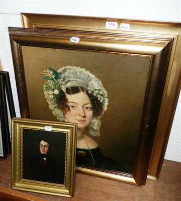 Lot 540 - Three framed oils on canvas - portrait of a lady and two portraits of young gentleman