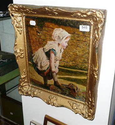 Lot 545 - Oil of a girl tying boot laces