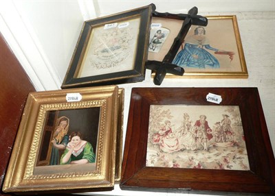 Lot 547 - A continental school timber framed oil painting on board, a rosewood framed needlework picture,...