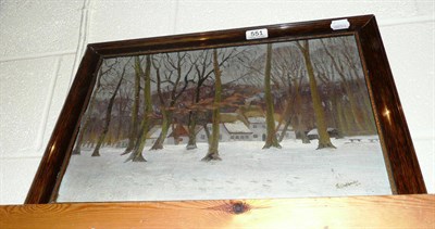 Lot 551 - Framed oil on canvas laid on board, of snowy landscape, dated 1914