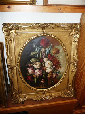 Lot 560 - Gilt framed oil on canvas, still life of flowers, framed print after Heaton Cooper, two prints...