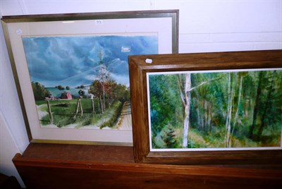 Lot 572 - Large framed watercolour Lowa Farm signed Haring and a modern oil by M Forster 'Ontario Forest...