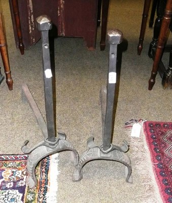 Lot 644 - A pair of steel andirons three fire implements and a fire curb