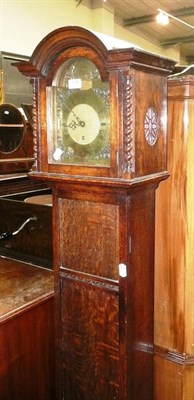 Lot 719 - Oak grandmother clock with brass dial