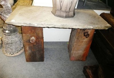 Lot 792 - Oak and limestone garden table