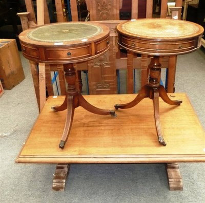 Lot 811 - A pair of Regency-style drum top occasional tables, a carved oak coffee table and bed ends and...