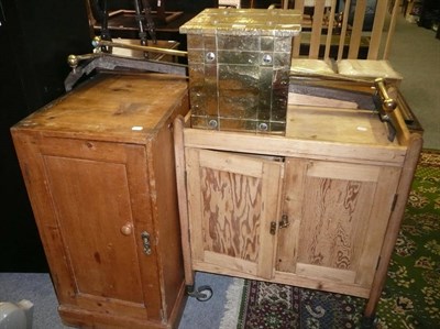 Lot 838 - Two pine cupboards, a fender, a coal box, a trivet and fire implements