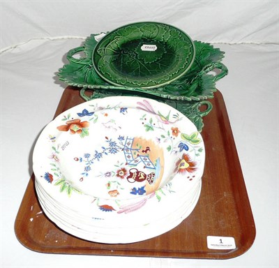 Lot 1 - Ten soup bowls and three green glaze vine moulded dishes