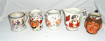 Lot 5 - Four pearlware jugs, General Hill and Werrington and three satyr and a Staffordshire frog mug (5)