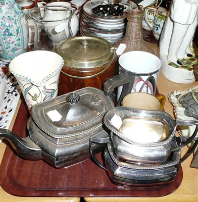 Lot 12 - Bellamine jug, Doulton jug, plated tea set, oil lamp, irons etc