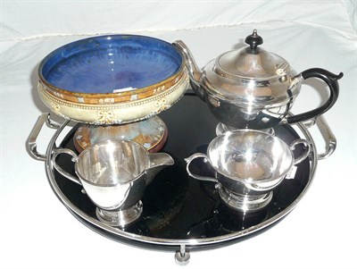 Lot 22 - Royal Doulton stoneware bowl, glass and chrome Art Deco style tray and a plated three piece tea...