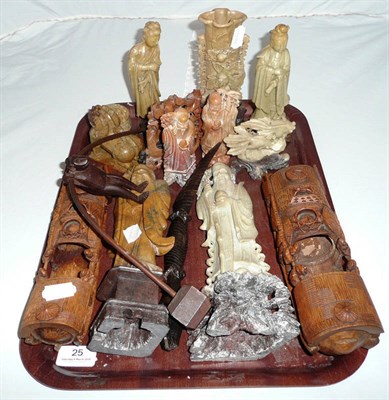 Lot 25 - A quantity of carved soapstone figures, bamboo carvings, etc