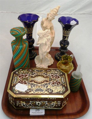 Lot 26 - A parquetry inlaid box, two faux ivory figures, a pair of blue glass vases and other decorated...