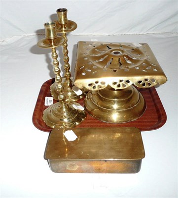 Lot 39 - Pair brass candlesticks, brass trivet and a brass box