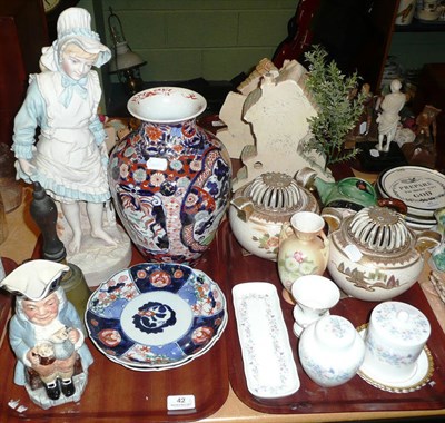 Lot 42 - Two trays including Japanese vase, Imari plaques, brass bell, Beswick teapot and Wedgwood etc