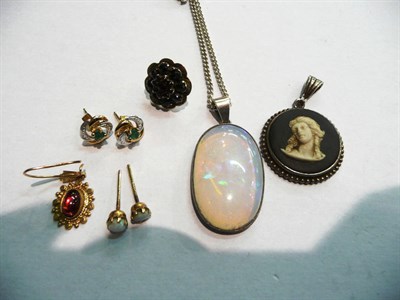 Lot 64 - An opal pendant, opal stud earrings, other earrings and a Wedgwood pendant