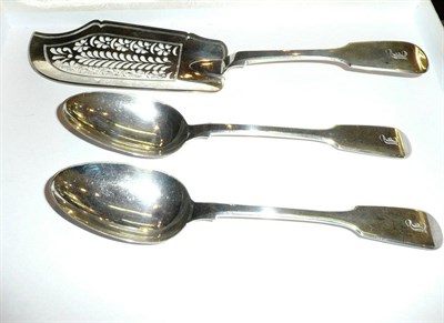 Lot 73 - Two silver tablespoons and a silver fish slice