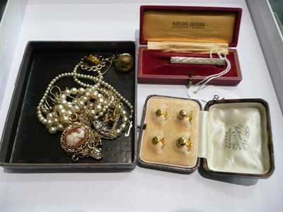 Lot 84 - A Georg Jensen tie slide cased, a cased set of dress studs, assorted pendants on chains and costume