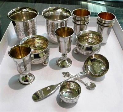 Lot 94 - Small collection of Russian silver; two beakers, six vodka tots, two salts, two small goblets,...