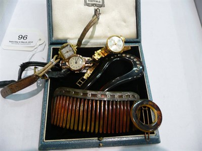 Lot 96 - A silver-mounted hair comb (a.f.), 9 carat gold cuff-links and others, a lady's sapphire-set...