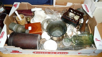 Lot 151 - A Collection of Medical Items, including a mahogany and brass pill making slab, a bell metal pestle