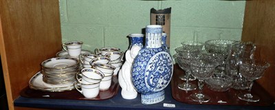 Lot 171 - Chinese moon flask blue and white vase, pair of vases, two Spode figures, Roslyn china tea service