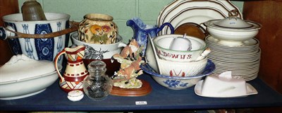 Lot 179 - Shelf of pottery including blue and white, gold edged dinner ware, glass lampshades etc