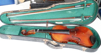 Lot 232 - A 19th Century French 7/8 Size Violin, no label, with 345mm two piece back, together with two bows