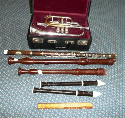 Lot 248 - Seven Wind Instruments:- cased silver plated 'Class A' cornet by Boosey & Co., no.56902; a rosewood