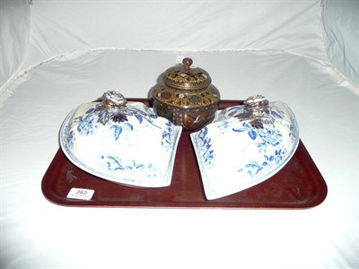 Lot 262 - Pair of English blue and white dishes and covers and Japanese koro and cover