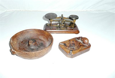 Lot 267 - Set of postal scales, Mouseman ashtray, fire extinguisher and nut bowl