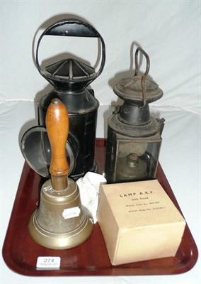 Lot 274 - Linlay & Co railway lamp, another and an ARP bell