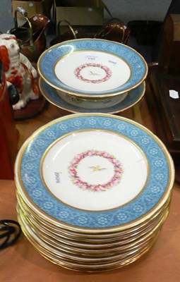 Lot 283 - Minton dessert service with turquoise border, the centre decorated with a bird surrounded by...