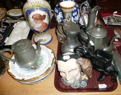 Lot 294 - Pewter coffee pot, tea pot, two pewter plates and two jugs, Mettlach vase (a.f.), painted glass...