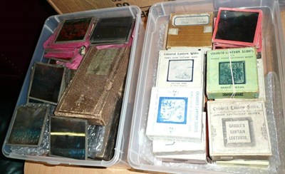 Lot 340 - A Collection of Magic Lantern Slides, mainly 8.5cm by 8.5cm, sets of boxed hand coloured sets...